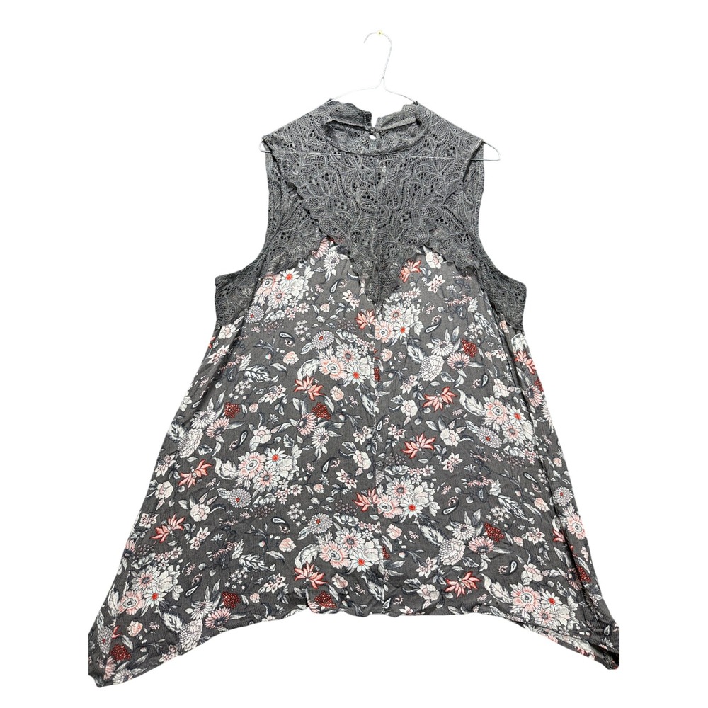 Torrid Floral Sleeveless Top Women 1 Gray Lace Trim Sharkbite Hem